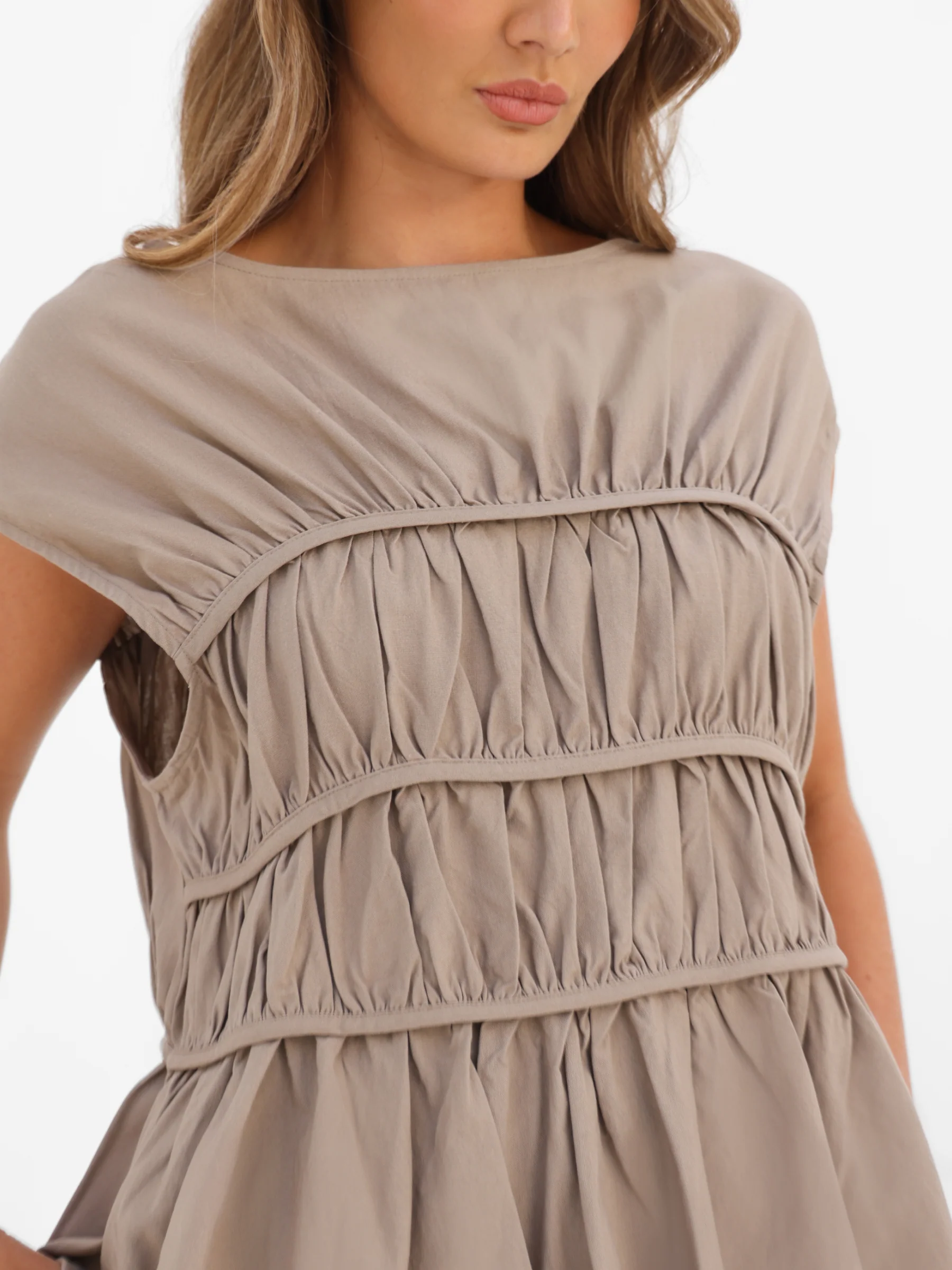 Alessia Linen Frill Top - Tan - Image 6