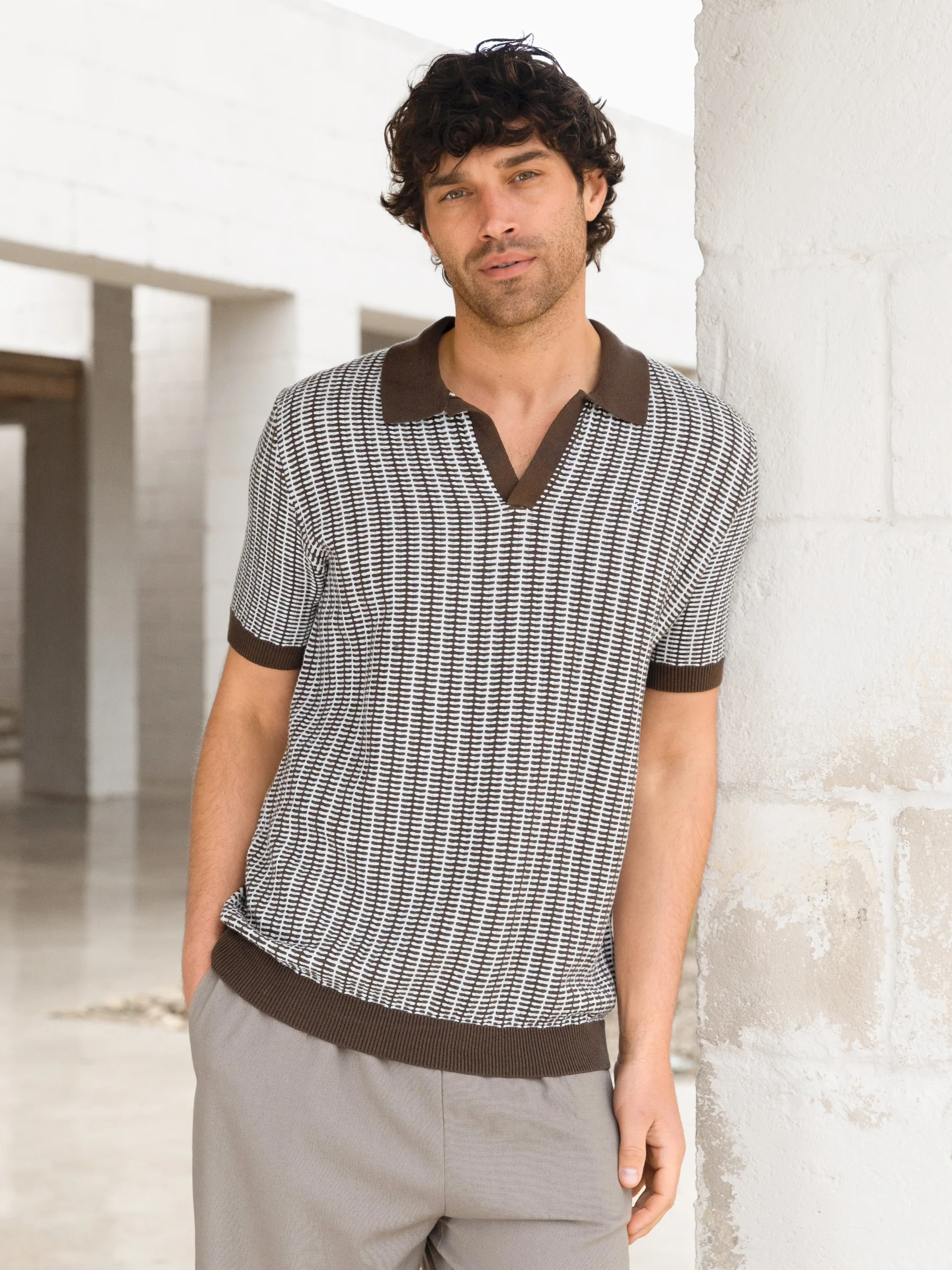 Conrad Knitted Stripe Polo Shirt - Dark Brown - Image 3