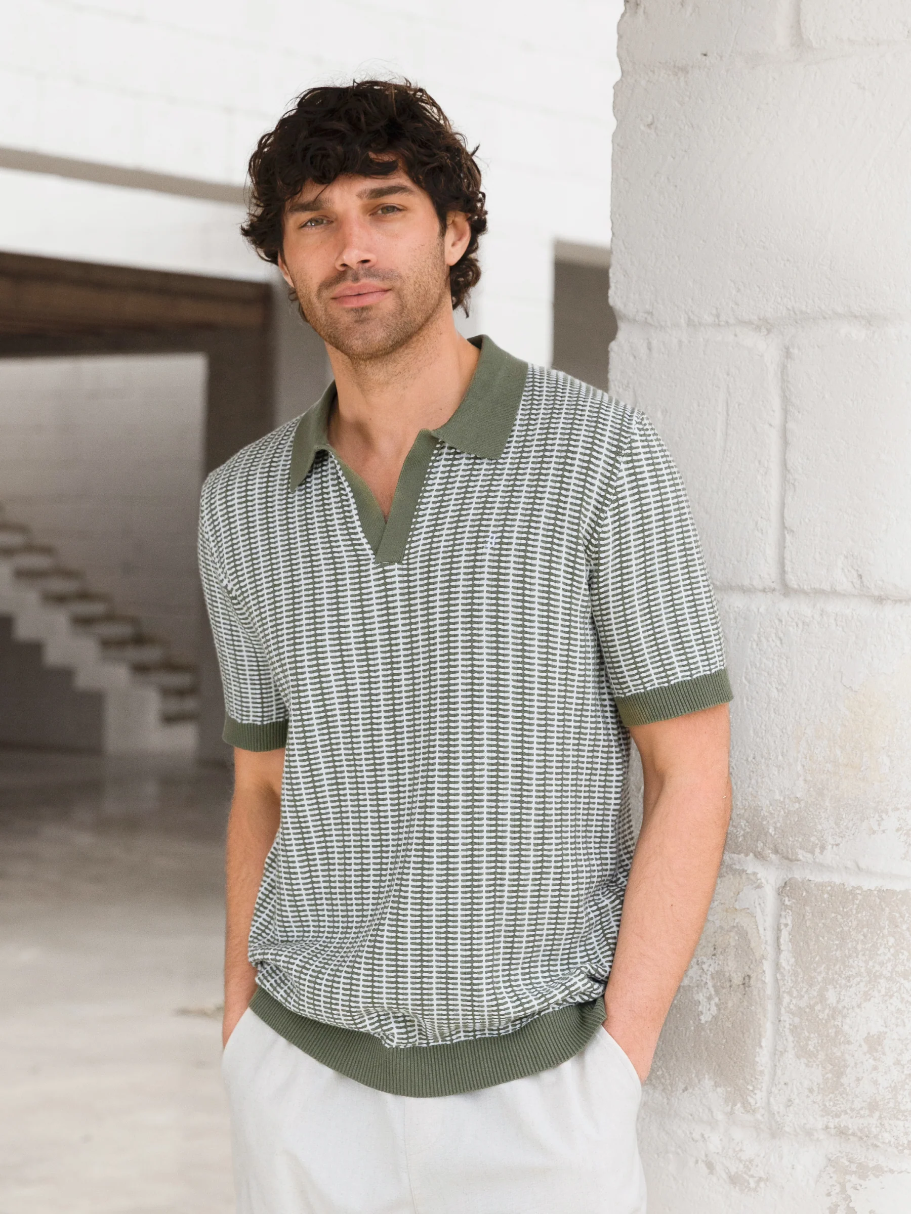 Conrad Knitted Stripe Polo Shirt - Green - Image 3