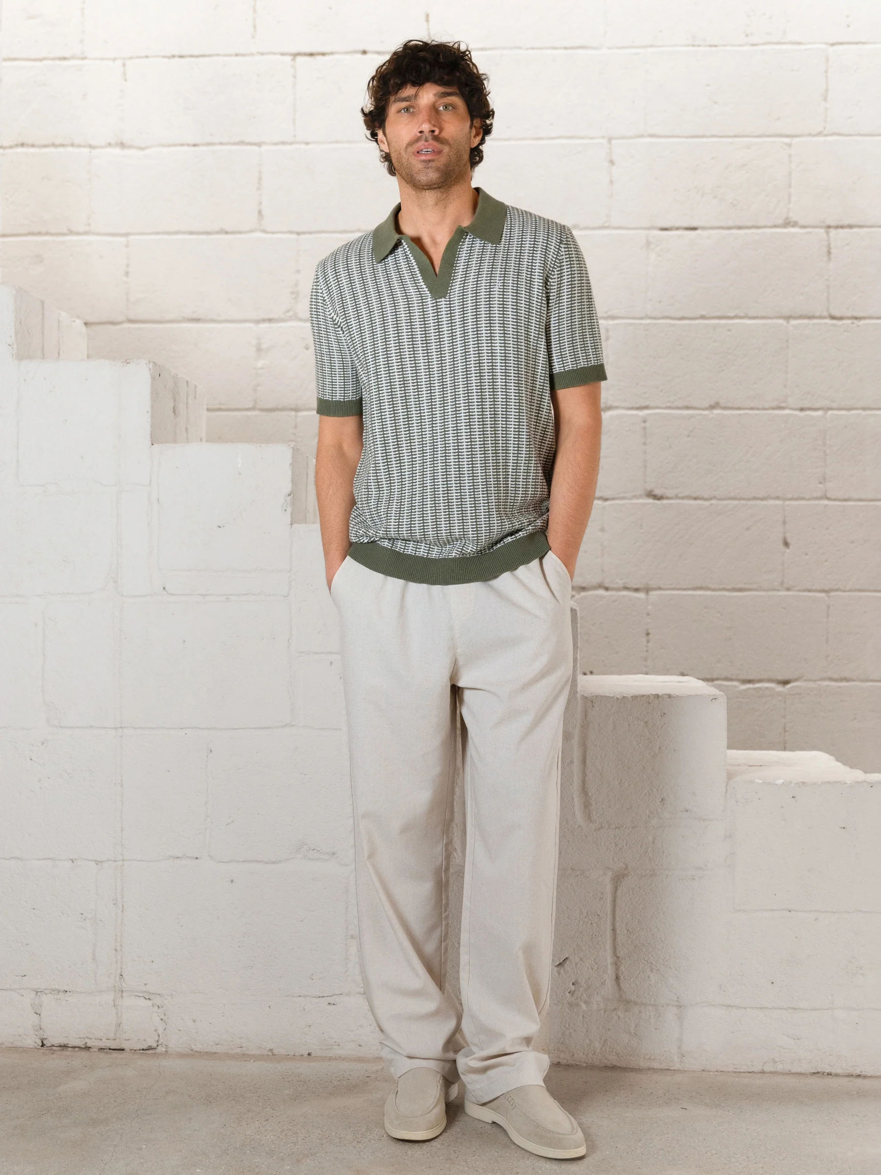 Conrad Knitted Stripe Polo Shirt - Green - Image 4
