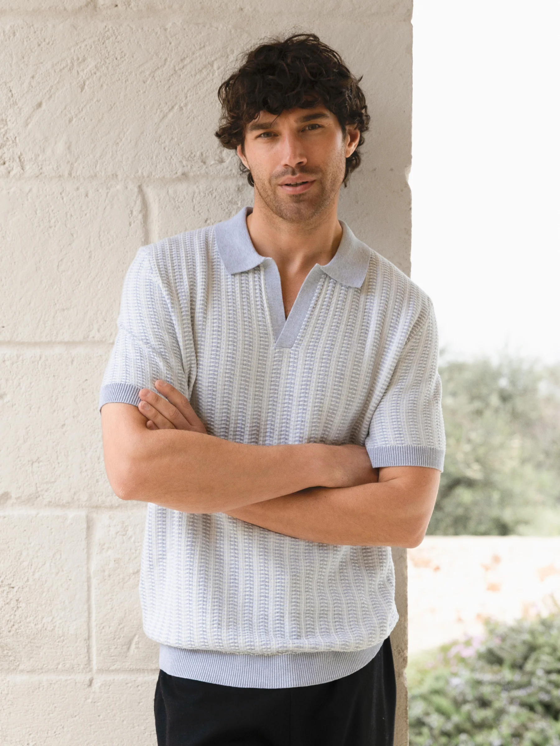 Conrad Knitted Stripe Polo Shirt - Grey - Image 4