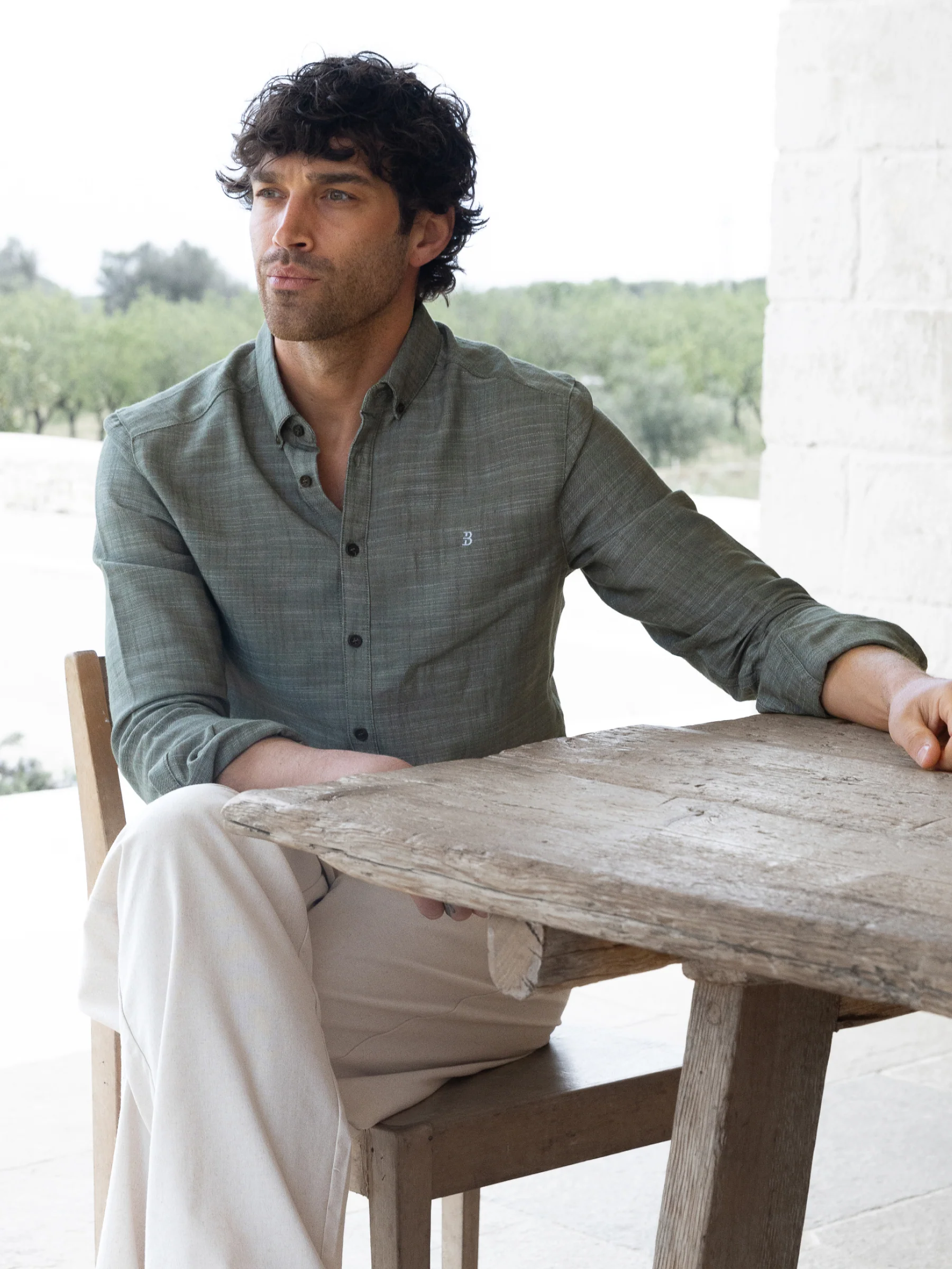 Conrad Long Sleeve Textured Shirt - Khaki - Image 3