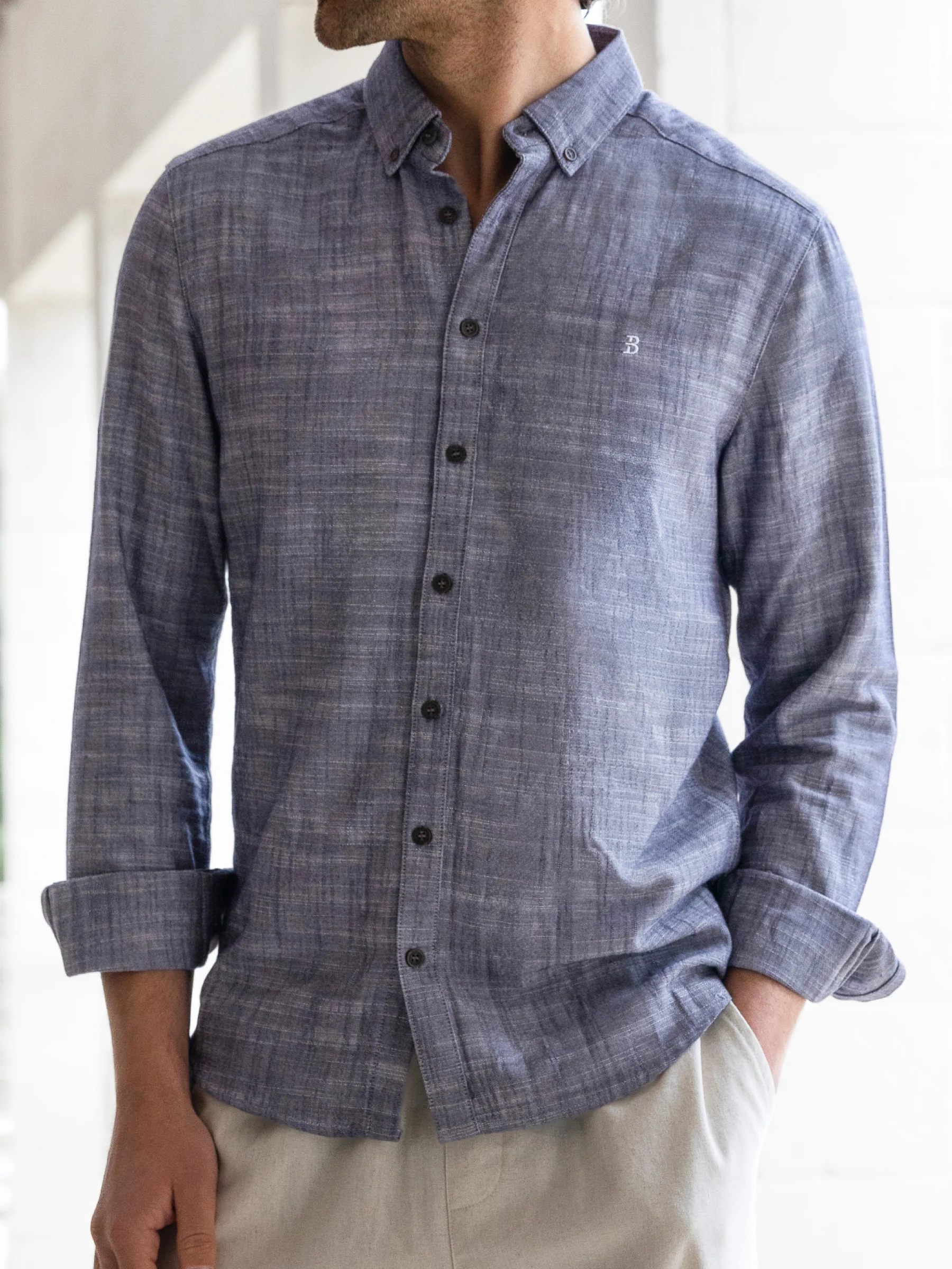Conrad Long Sleeve Textured Shirt - Navy - Image 4