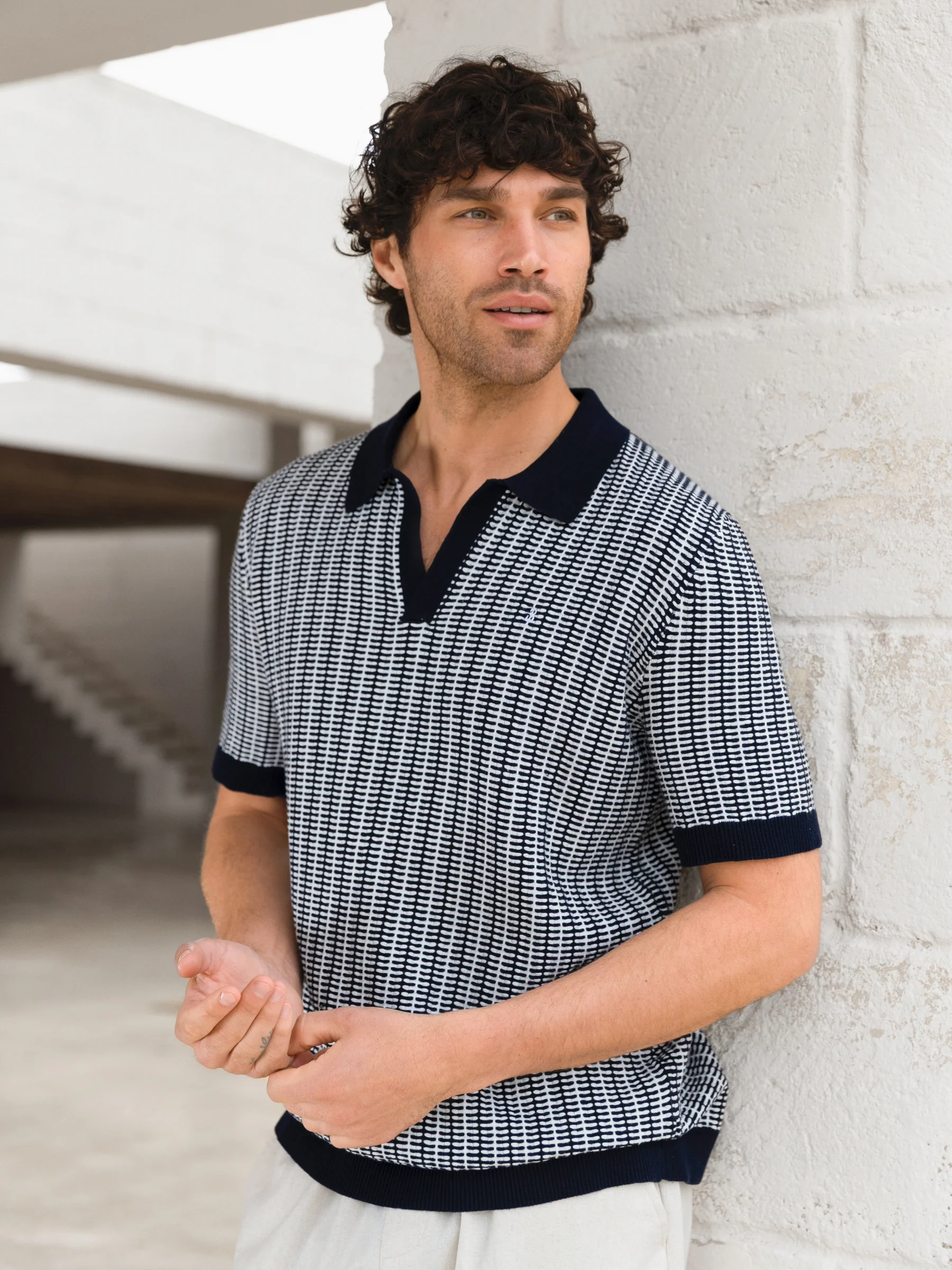 Conrad Knitted Stripe Polo Shirt - Navy - Image 3