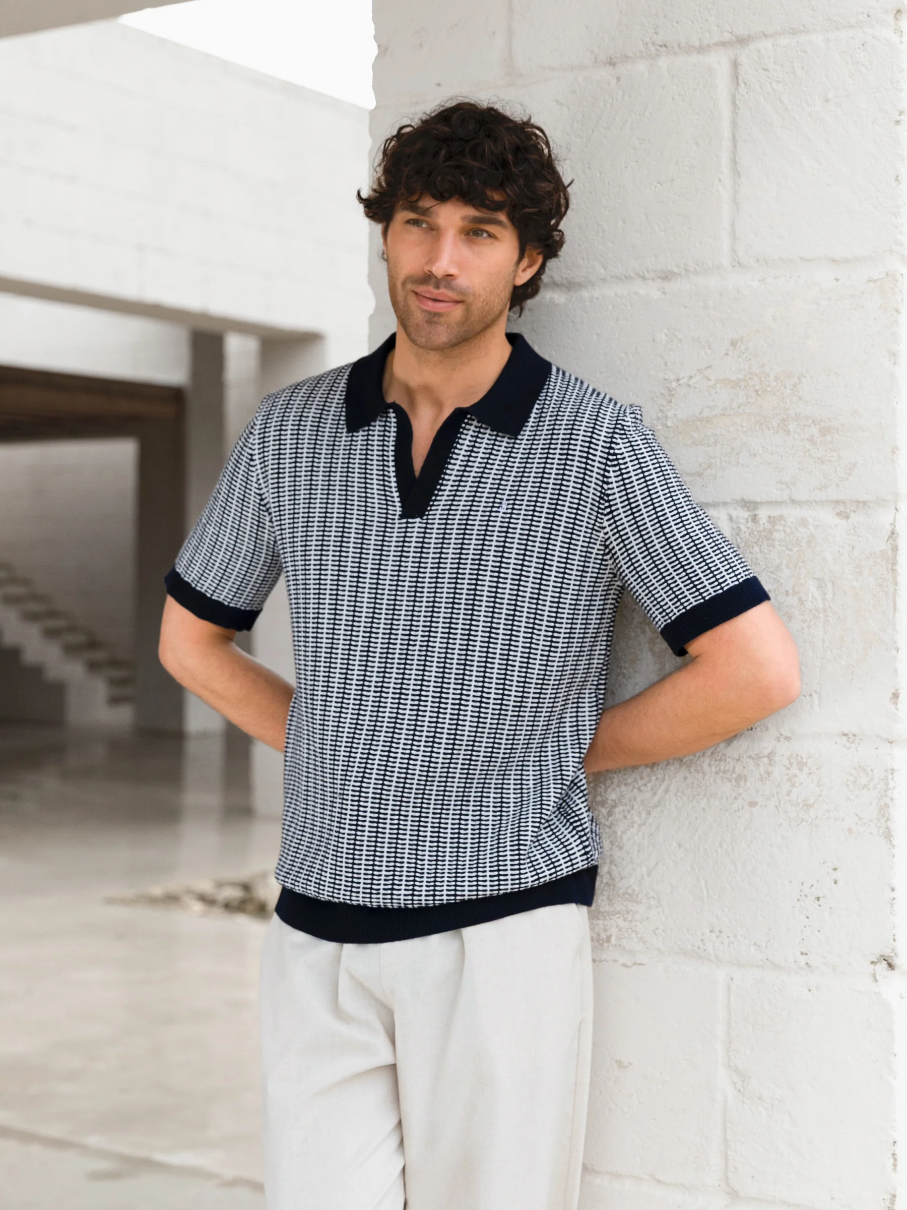 Conrad Knitted Stripe Polo Shirt - Navy - Image 4