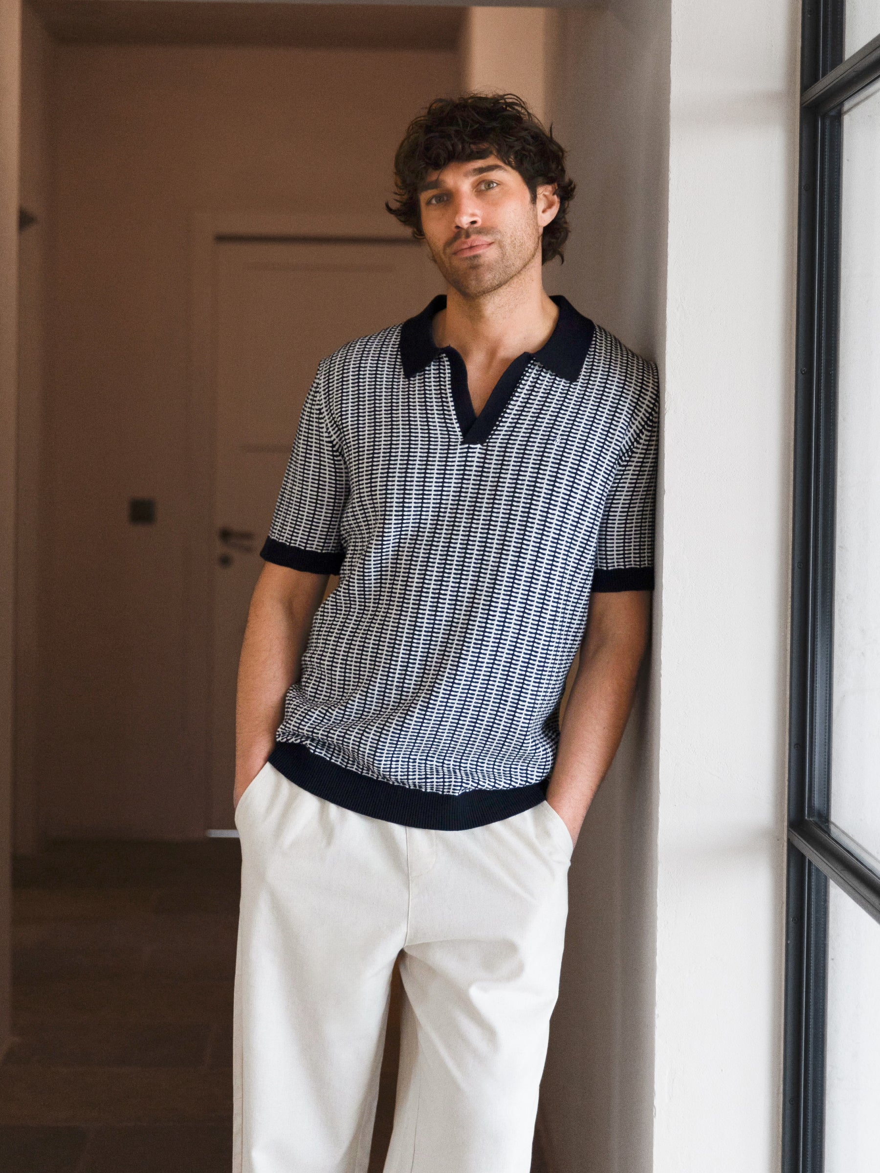 Conrad Knitted Stripe Polo Shirt - Navy - Image 5