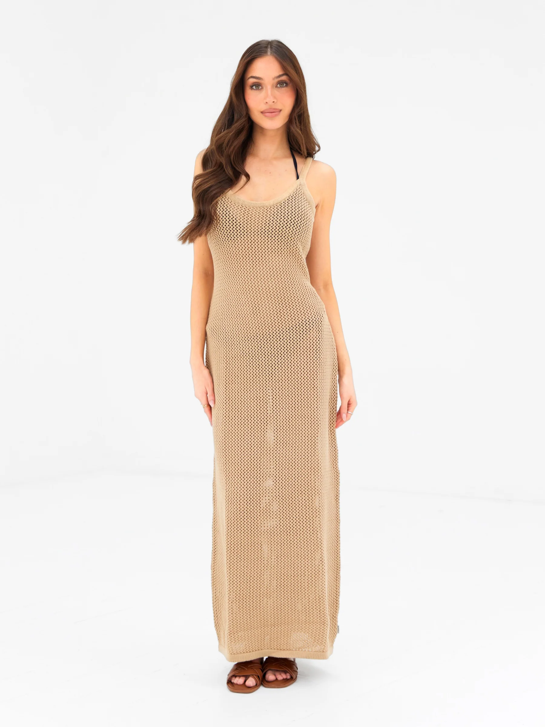 Crochet Maxi Dress - Tan - Image 5