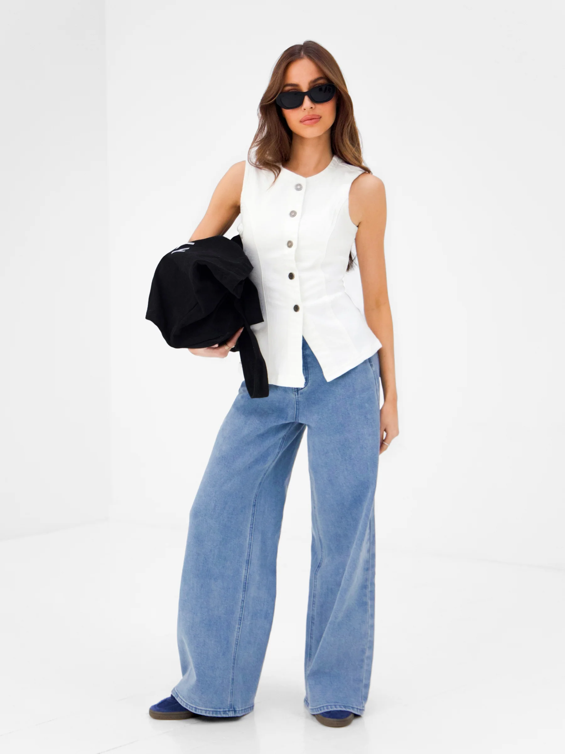 Blakely Denim Button Up Top - White - Image 3