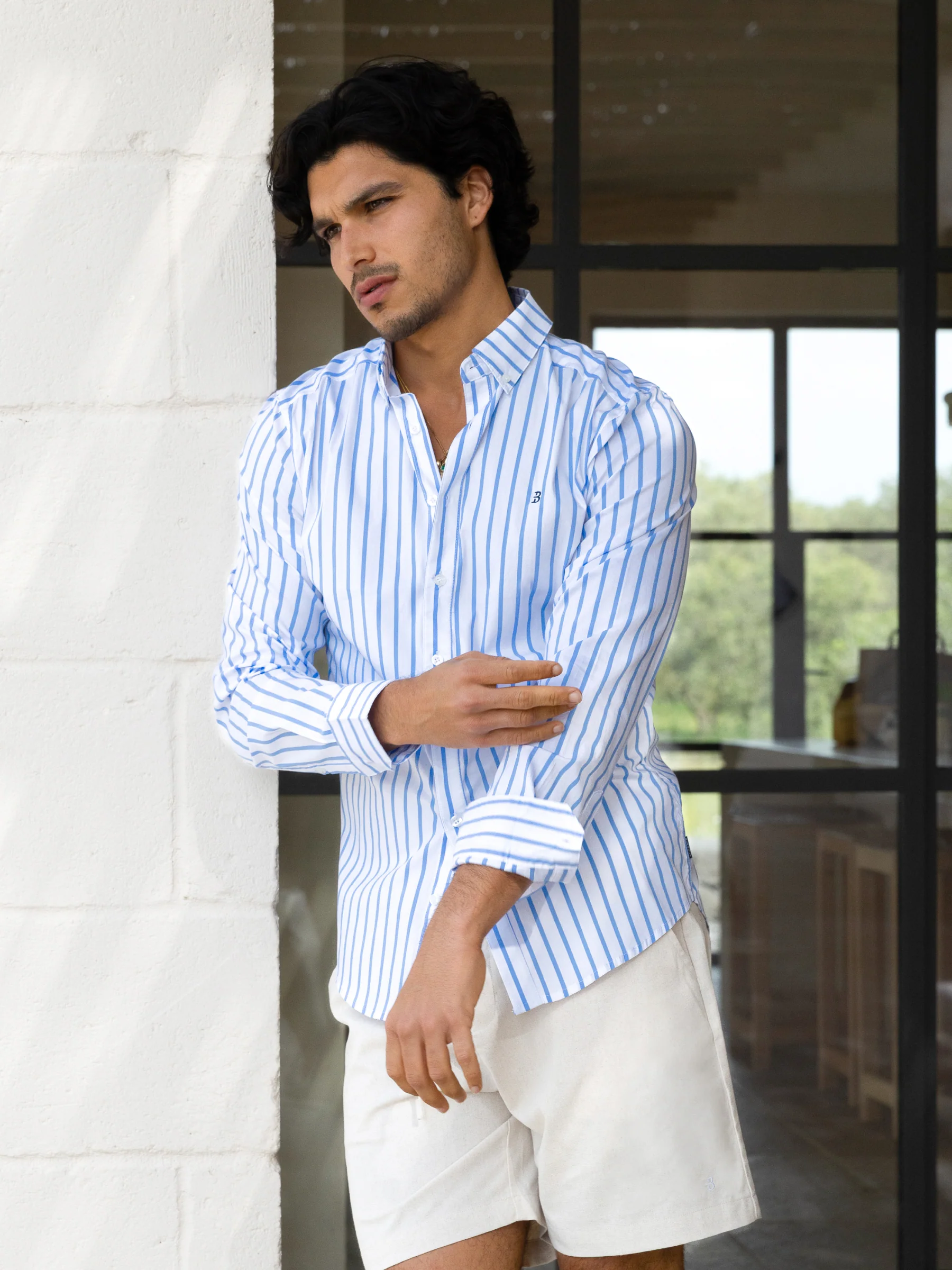 Elias Long Sleeve Stripe Shirt - White & Light Blue - Image 2