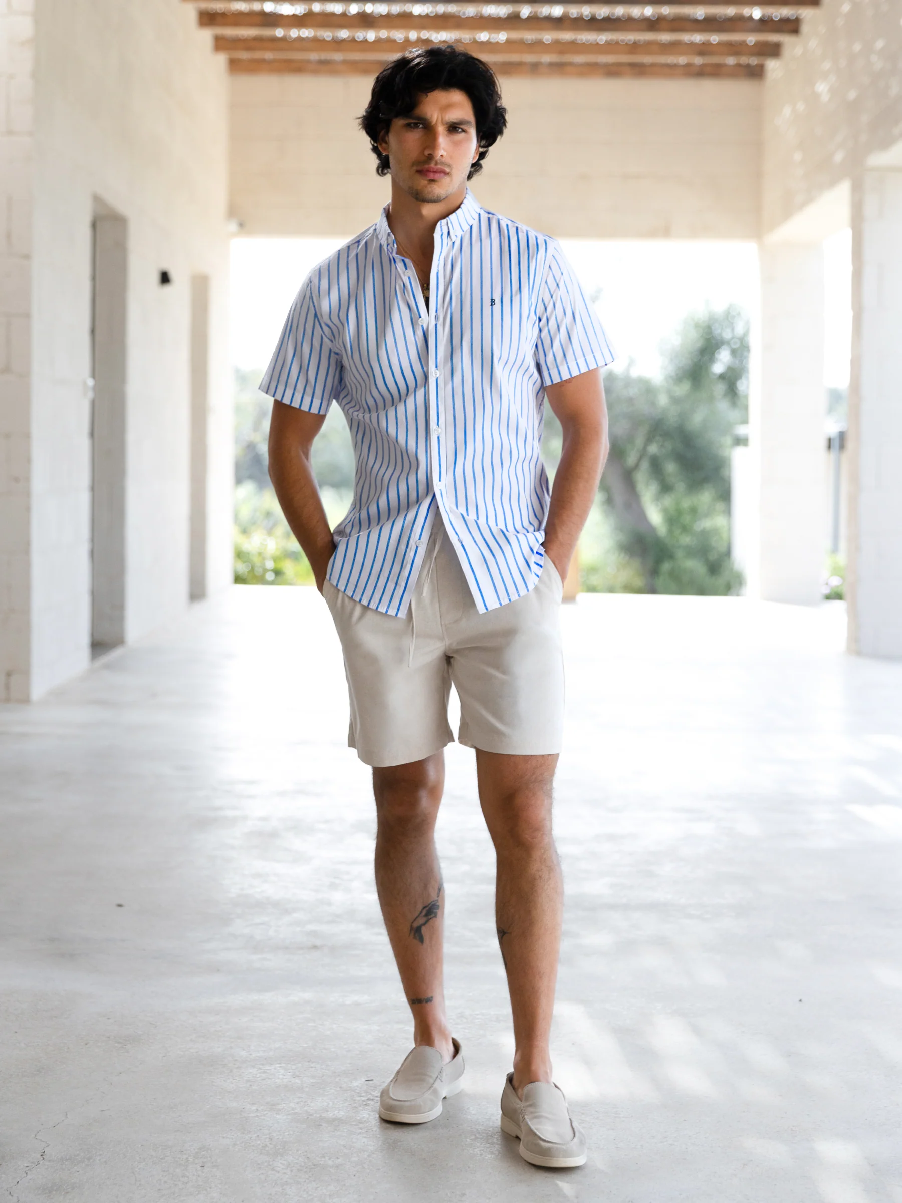 Elias Short Sleeve Stripe Shirt - White & Light Blue - Image 2