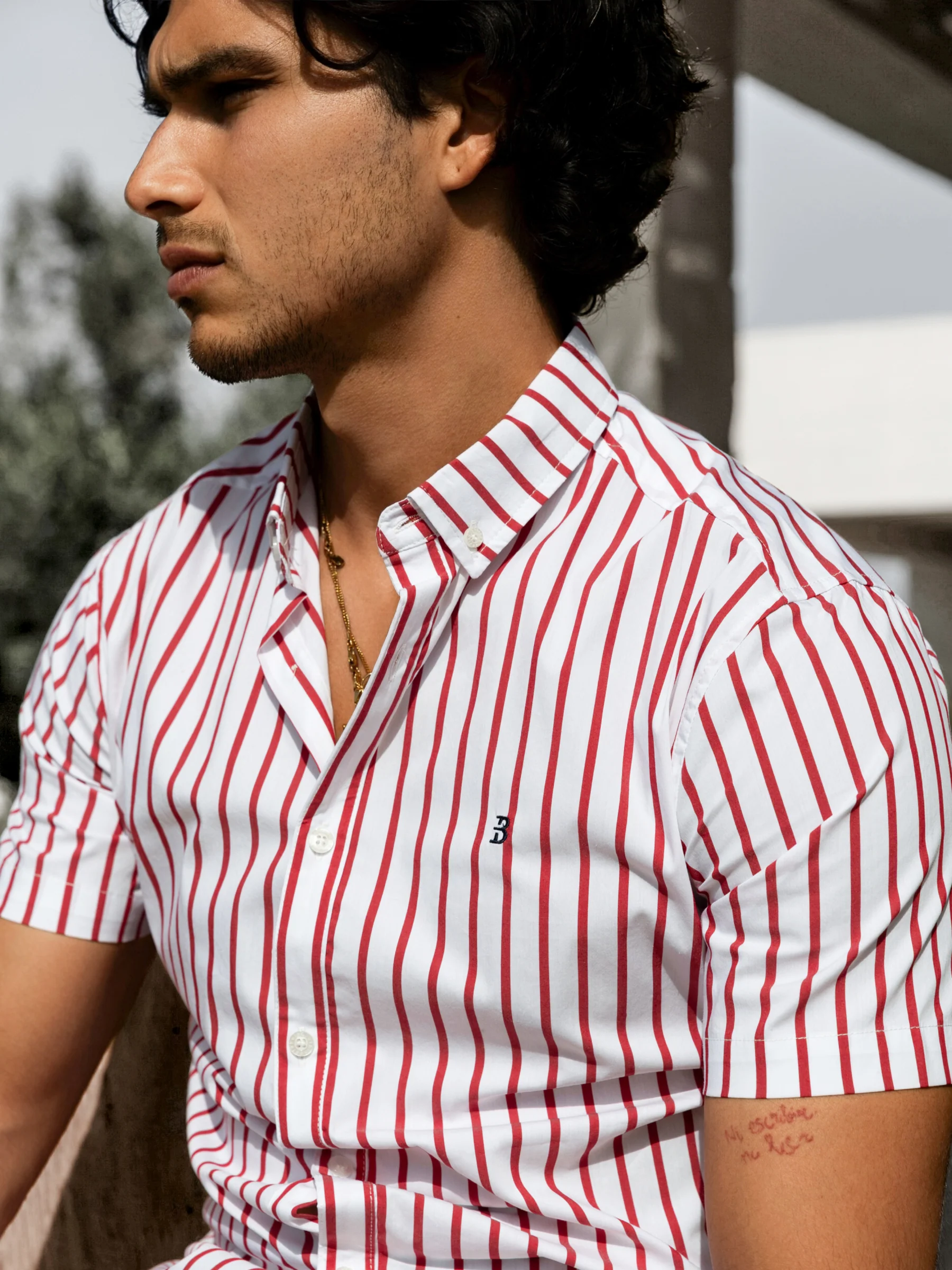 Elias Short Sleeve Stripe Shirt - White & Red - Image 2