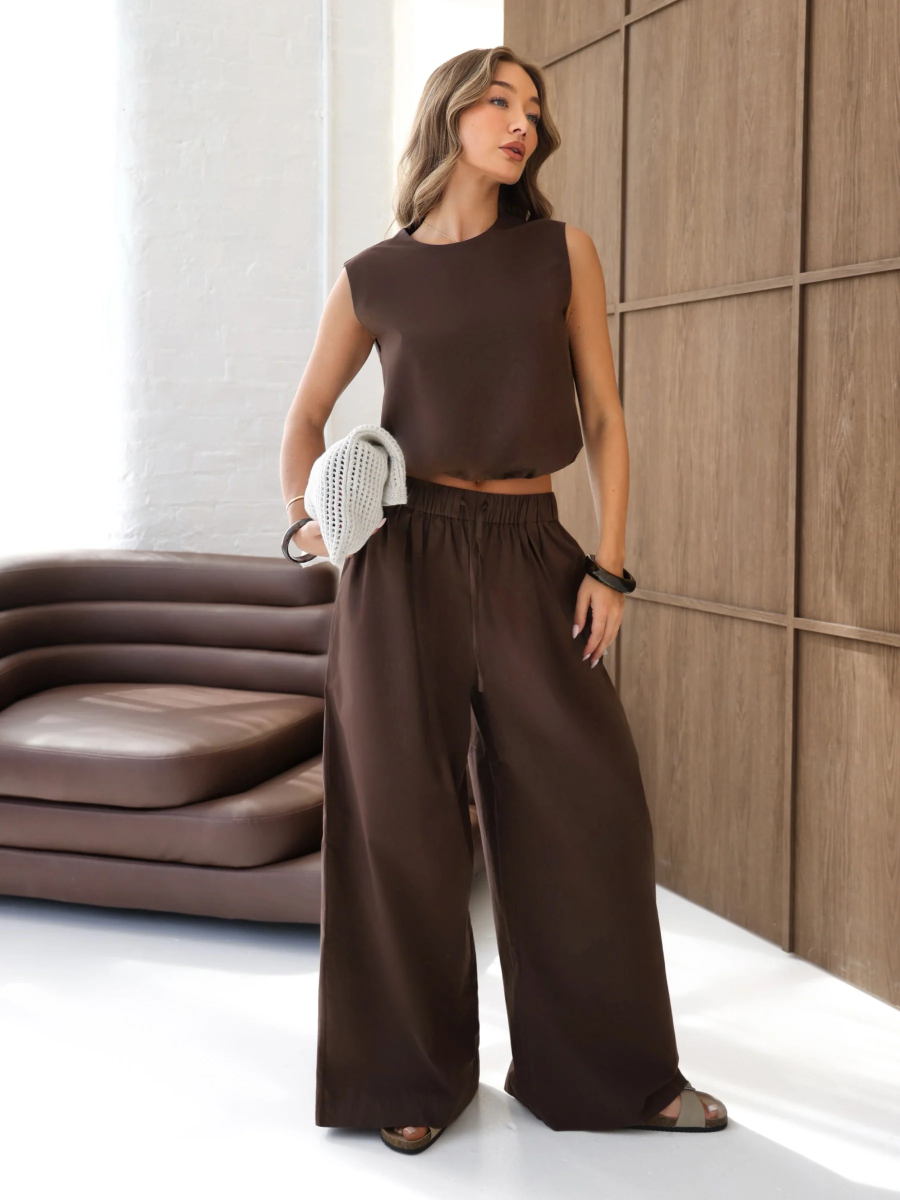 Kaia Wide Leg Poplin Trousers - Mocha Brown - Image 3