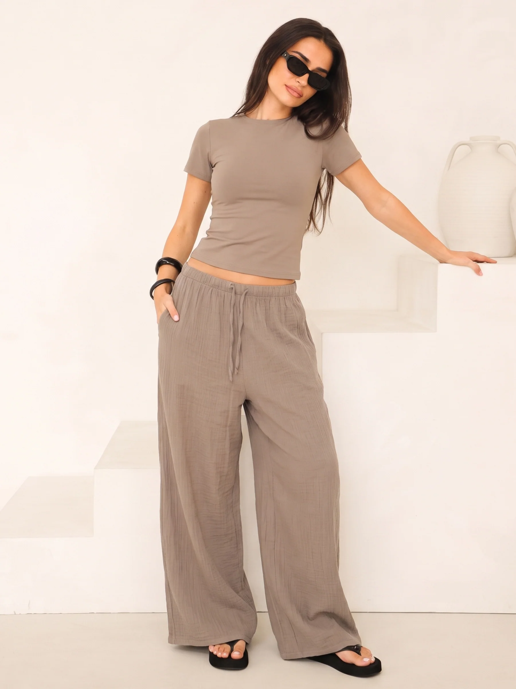 Lucia Baby Tee & Mila Wide Leg Trousers Set - Taupe