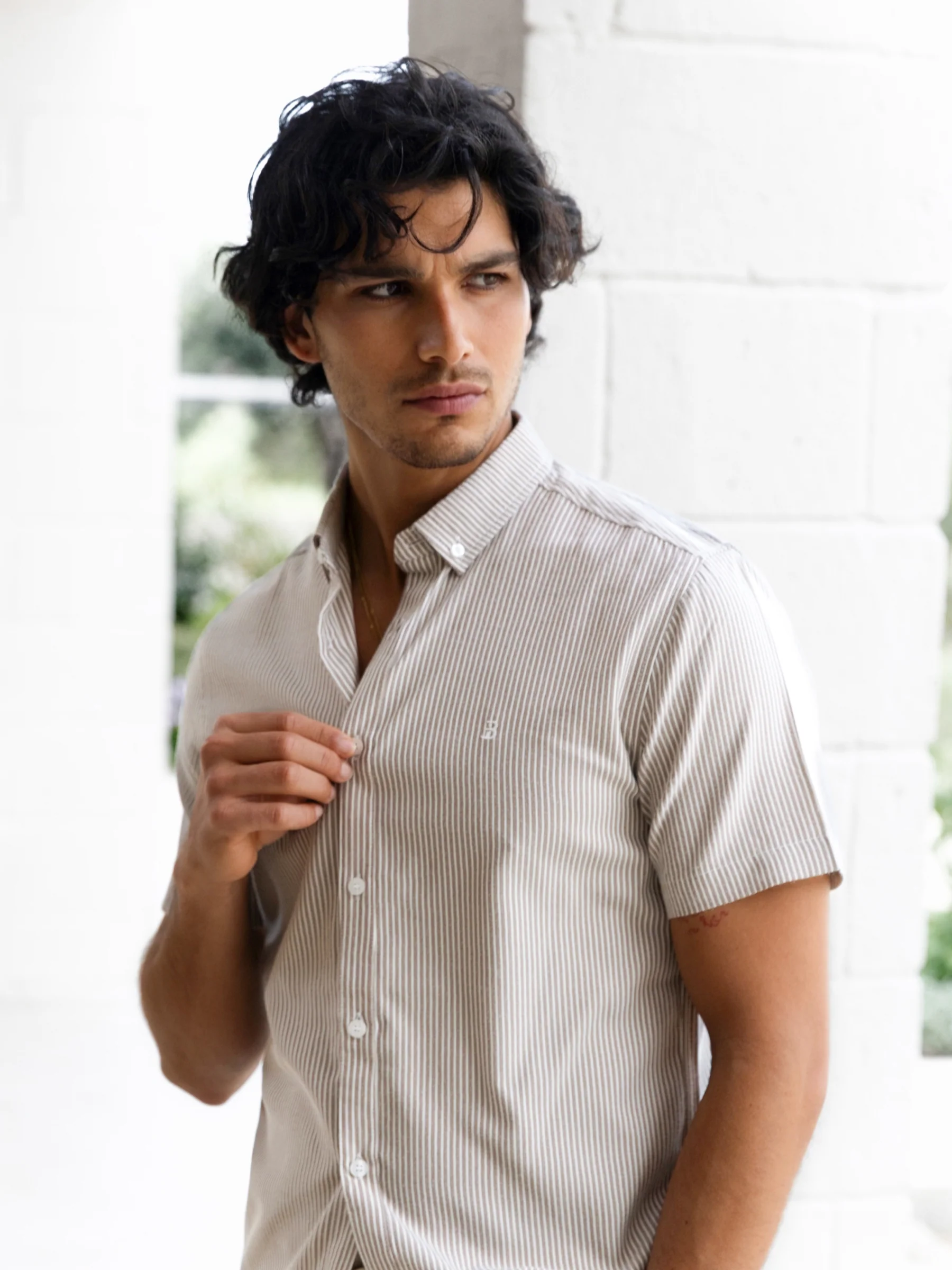 Oskar Short Sleeve Stripe Shirt - Brown - Image 3