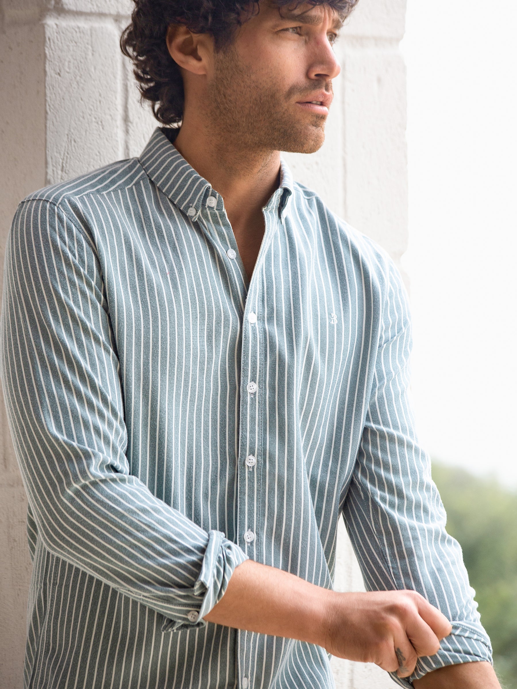 Oskar Stripe Long Sleeve Shirt - Washed Teal - Image 4