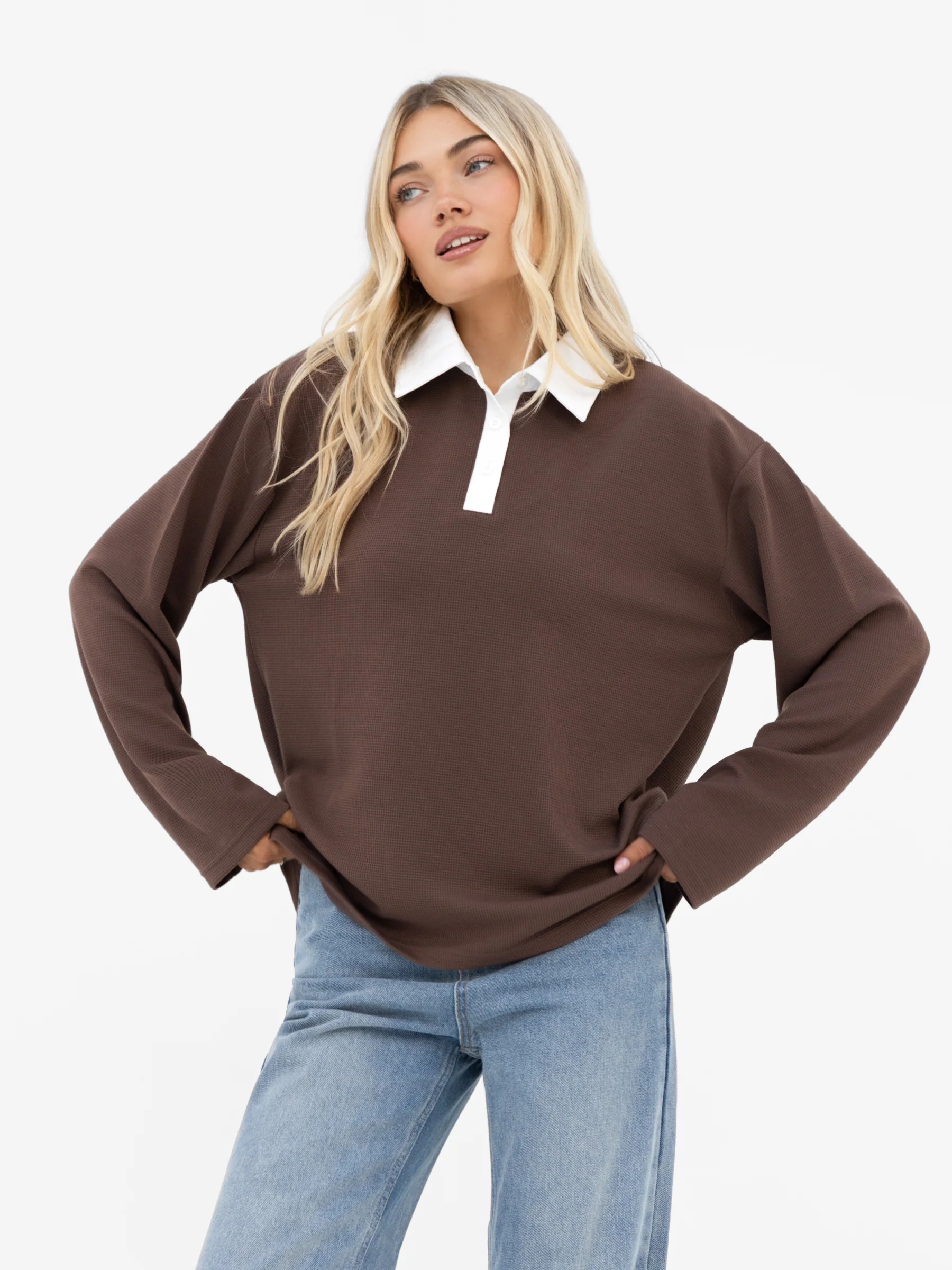 Soft Waffle Rugby Shirt - Brown - Image 6