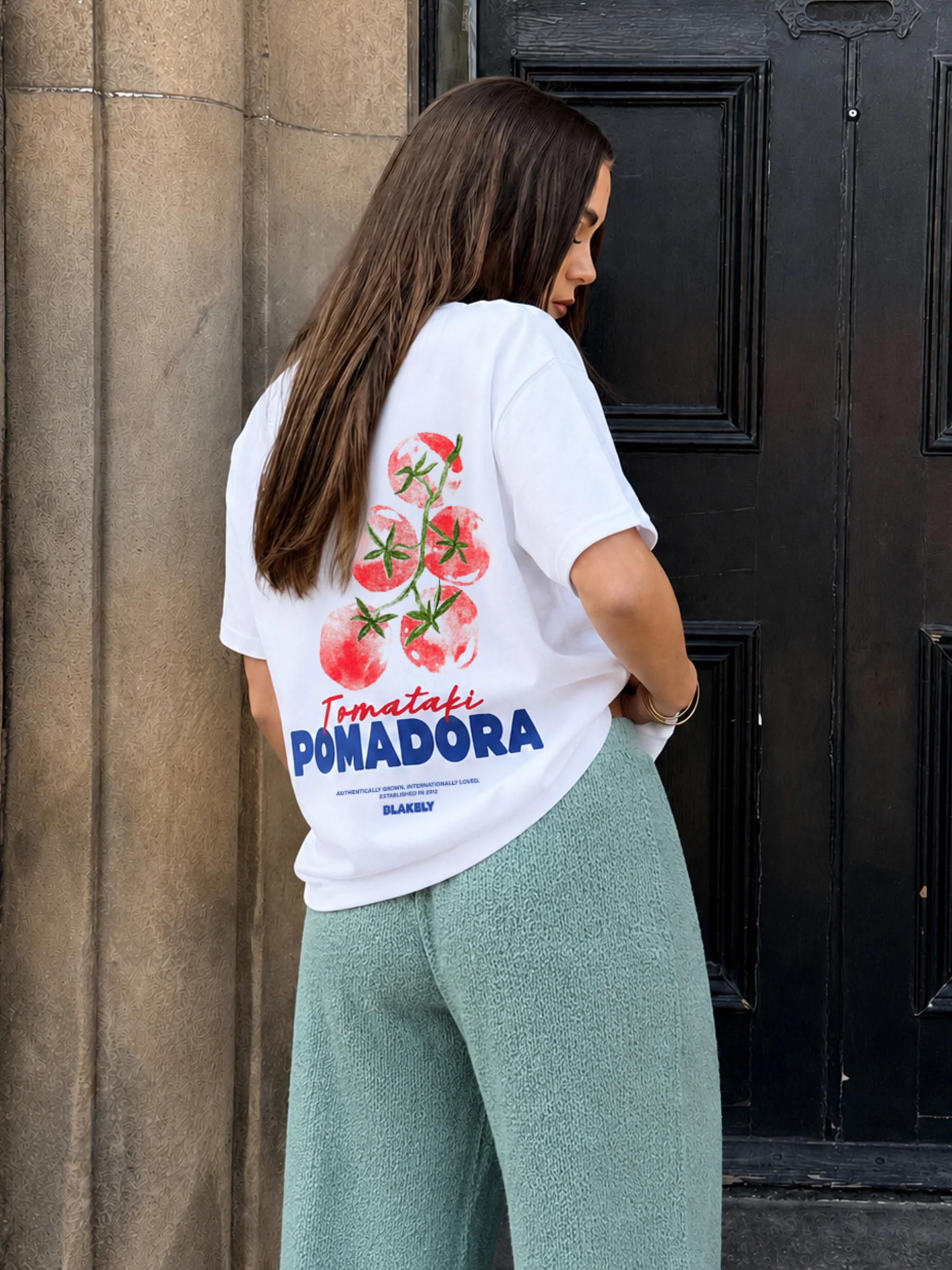 Tia Tomato Oversized T-Shirt & Mae Crochet Trousers Set - White & Sage Green - Image 2