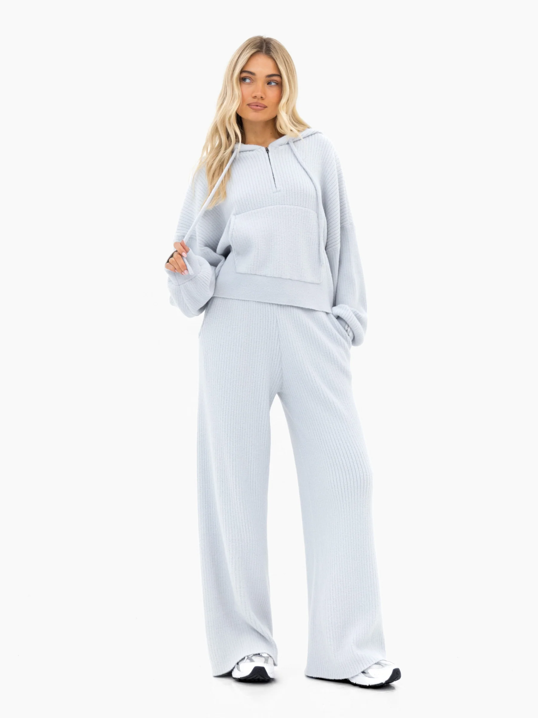 Zoey Ribbed Wide Leg Trousers - Baby Blue - Image 5