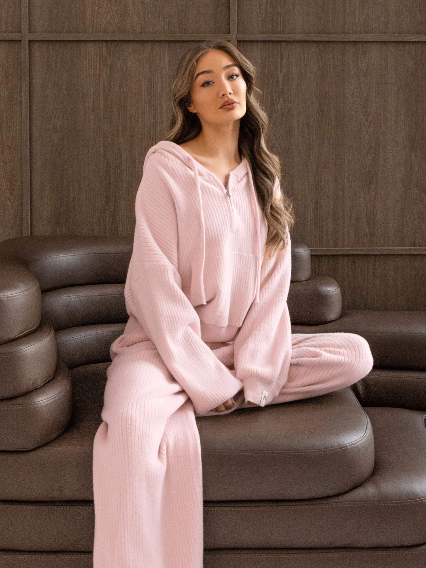 Zoey Ribbed Wide Leg Trousers - Baby Pink - Image 4