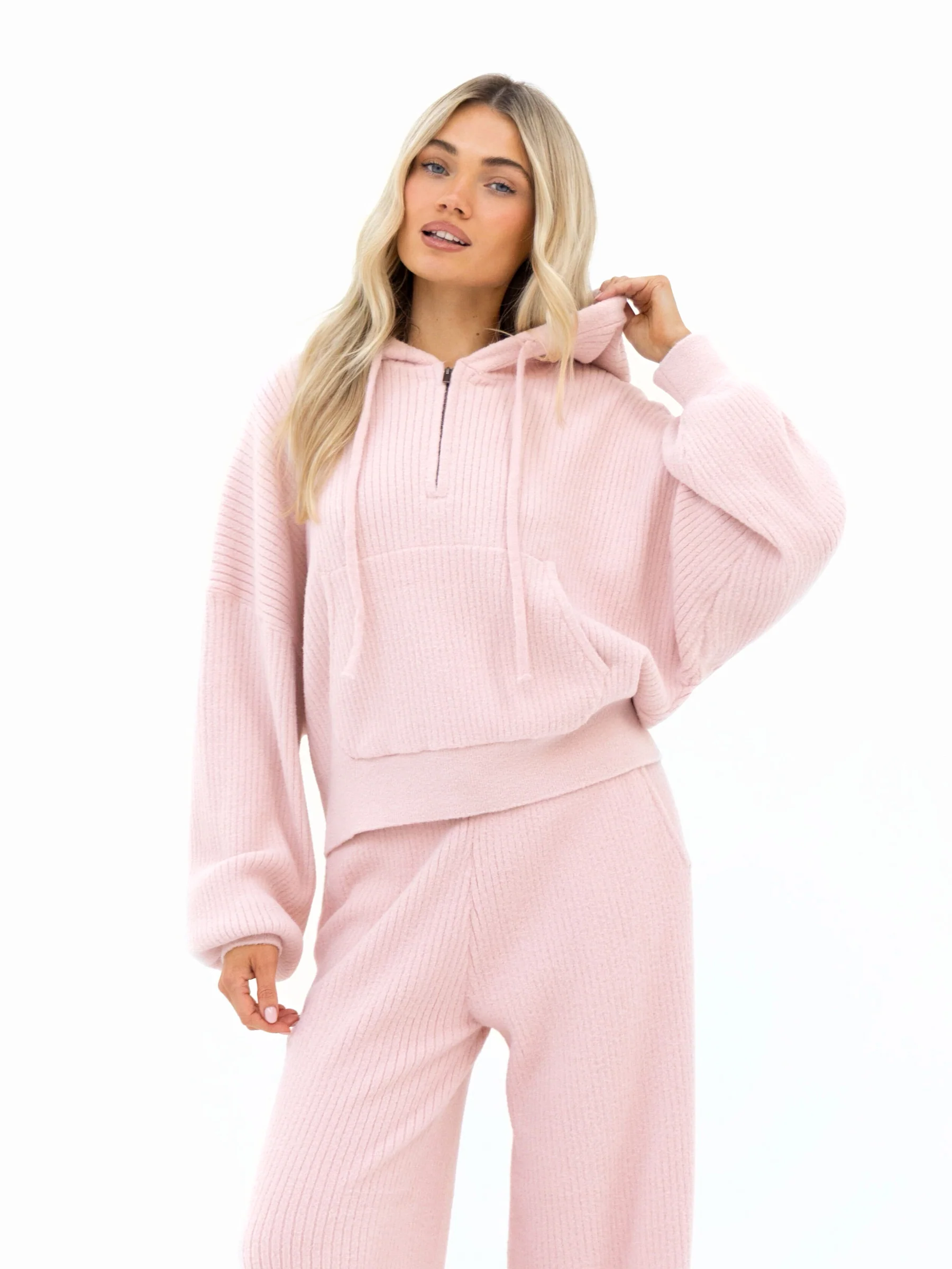 Zoey Ribbed Wide Leg Trousers - Baby Pink - Image 5