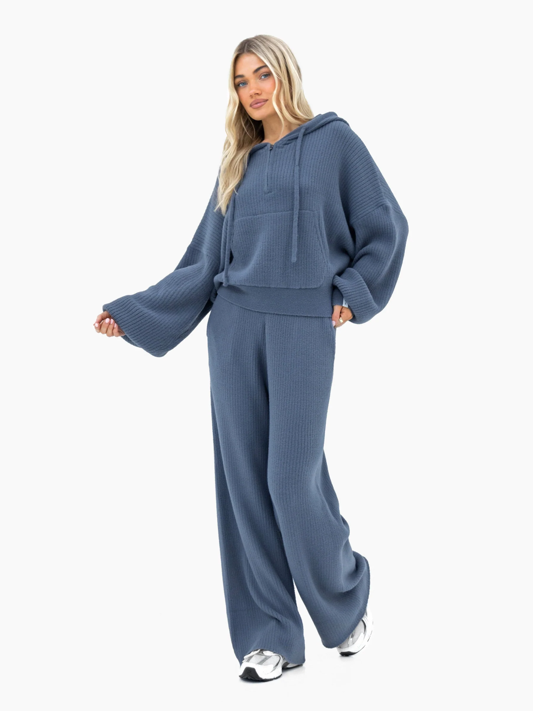 Zoey Ribbed Wide Leg Trousers - Smoky Blue - Image 3
