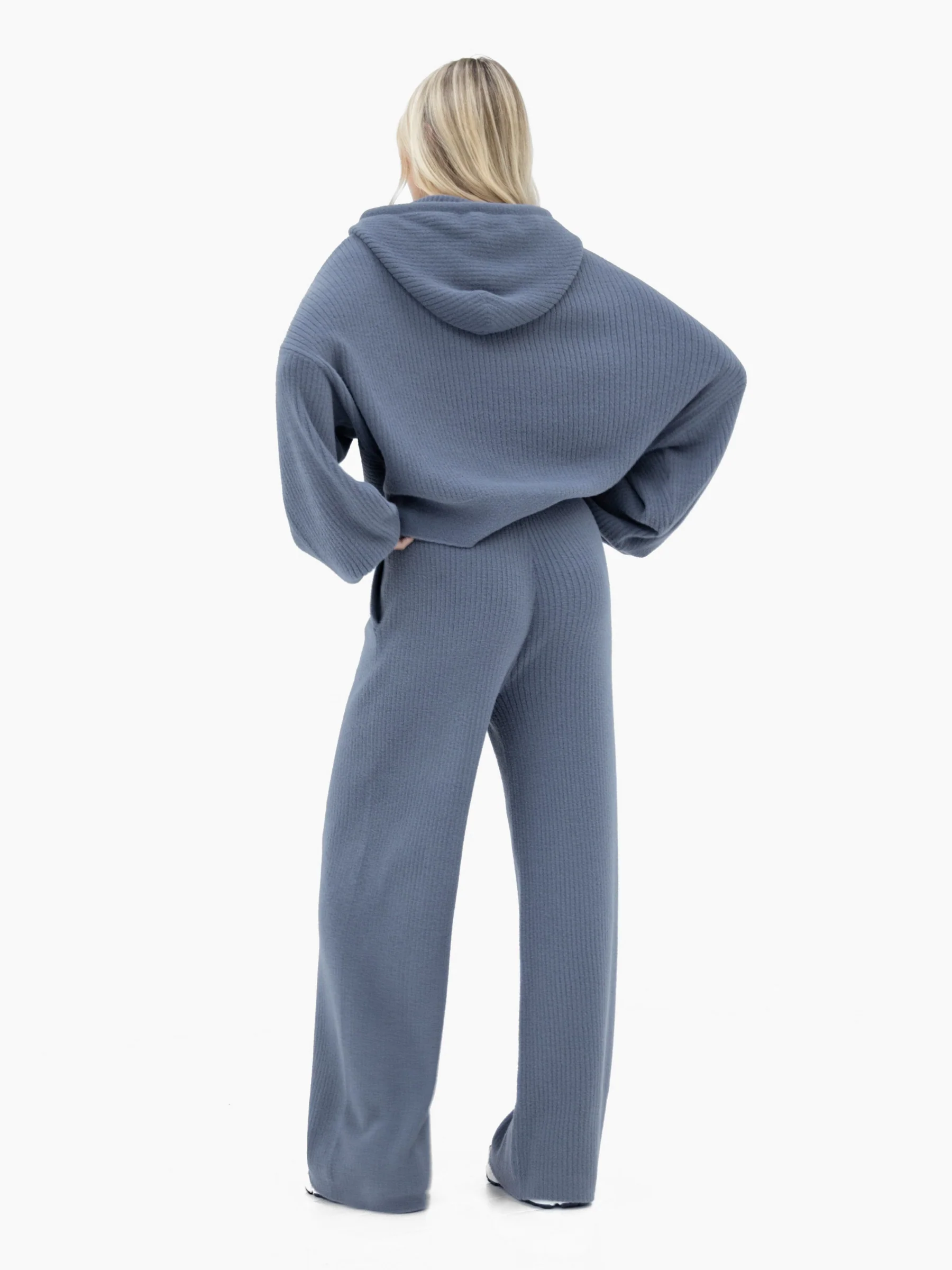 Zoey Ribbed Wide Leg Trousers - Smoky Blue - Image 4