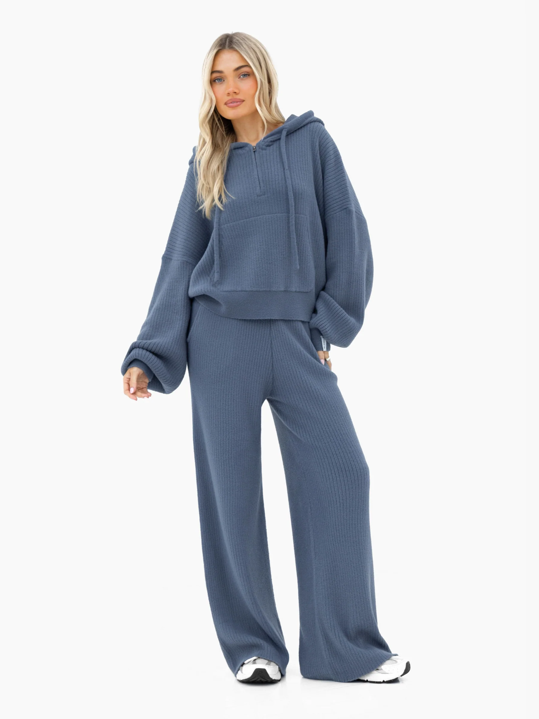 Zoey Ribbed Wide Leg Trousers - Smoky Blue - Image 5
